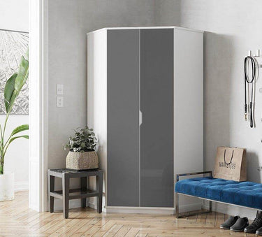 Santino High Gloss Grey and White Corner Wardrobe - Space-Saving Storage Solution - UK Luxury Furniture